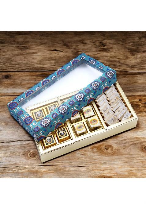 Ghasitaram Best Indian Sweets For Diwali-Diwali Gifts-3 Part Printed Box Of Bites And Kaju Katli