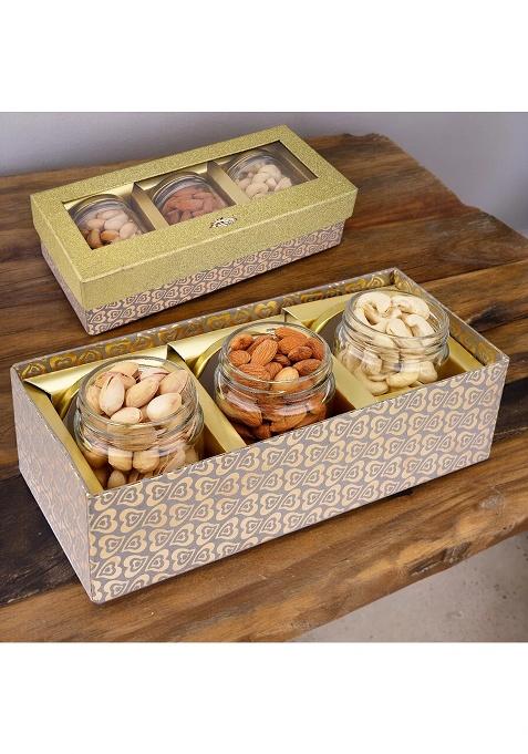 Ghasitaram Bhaidhooj Gifts-Golden Box With 3 Jars Of Cashews, Almonds And Pistachios