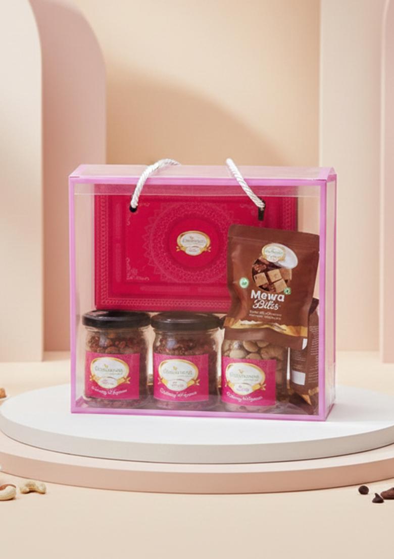 Ghasitaram Transparent Gift Box With Kaju Katli, Jars Of Crunchy Cashews, Paan Raisins, Pistachios And 5...