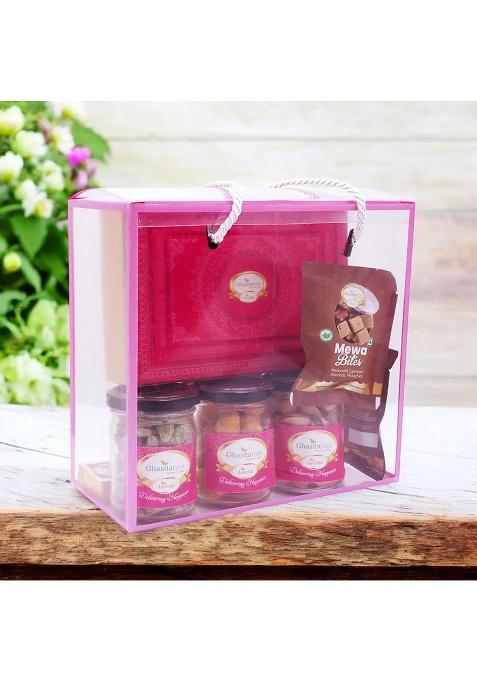 Ghasitaram Transparent Gift Box With Kaju Katli, Jars Of Crunchy Cashews, Paan Raisins, Pistachios And 5...