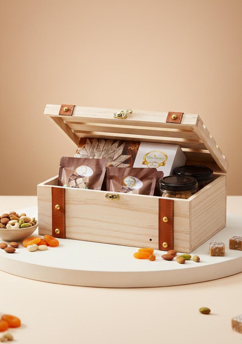 Ghasitaram Wooden Leather Belt Box Of Kaju Katli, 2 Jars Cashews And Almonds 5...