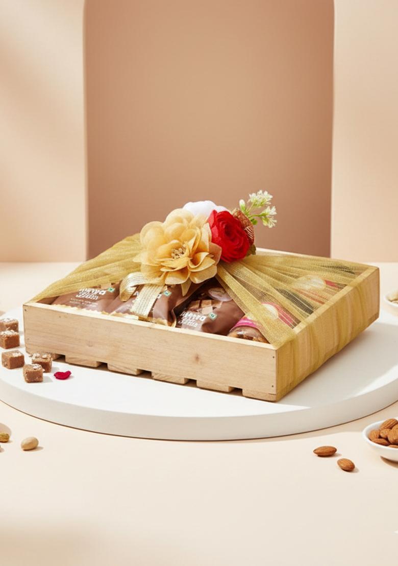 Ghasitaram Wooden Tray Of Kaju Katli, 5 Mewa Bites And 2 Jars Paan Raisins And...