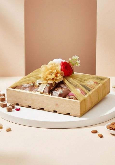 Ghasitaram Wooden Tray Of Kaju Katli, 5 Mewa Bites And 2 Jars Paan Raisins And...