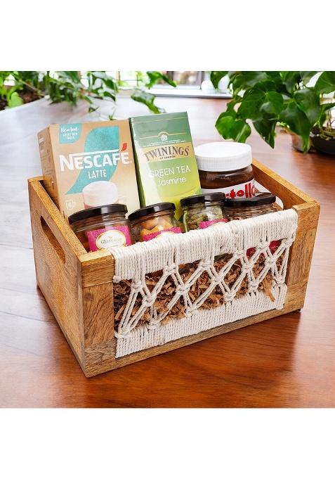 Ghasitaram Wooden Jute Rectangle Basket Of 7 Goodies