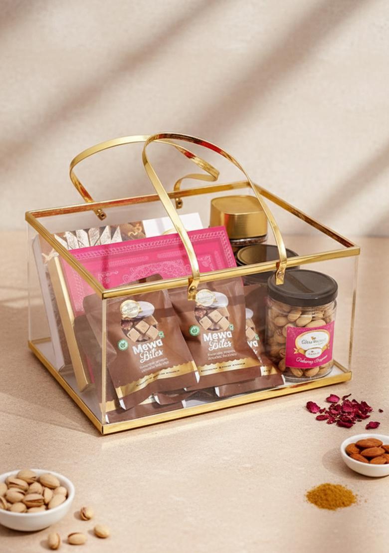 Ghasitaram Acrylic Basket Of Kaju Katli, Milk Cake, 5 Mewa Bites, 2 Jars Roasted Cashews...