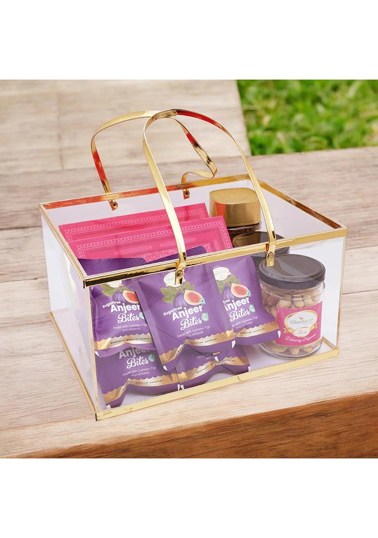 Ghasitaram Acrylic Basket Of Kaju Katli, Milk Cake, 5 Mewa Bites, 2 Jars Roasted Cashews...