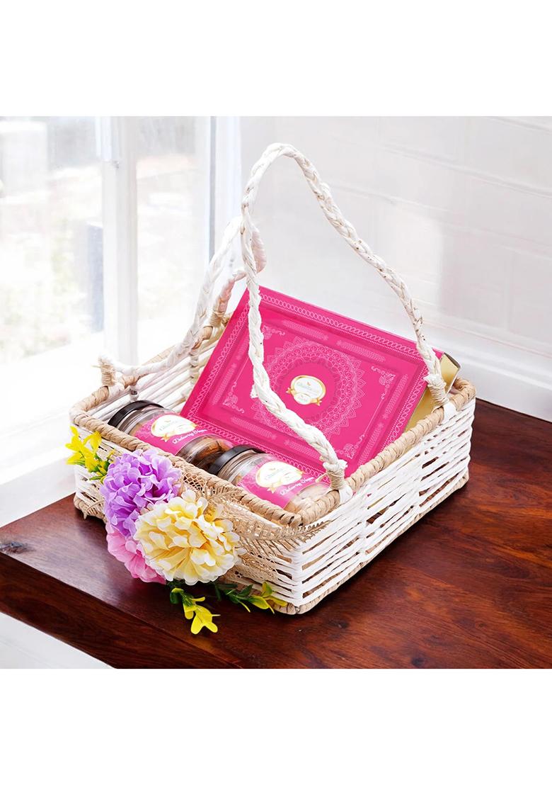 Ghasitaram Jute Square Flower Basket With Kaju Katli And 2 Jars Of Crunchy Cashews Paan...