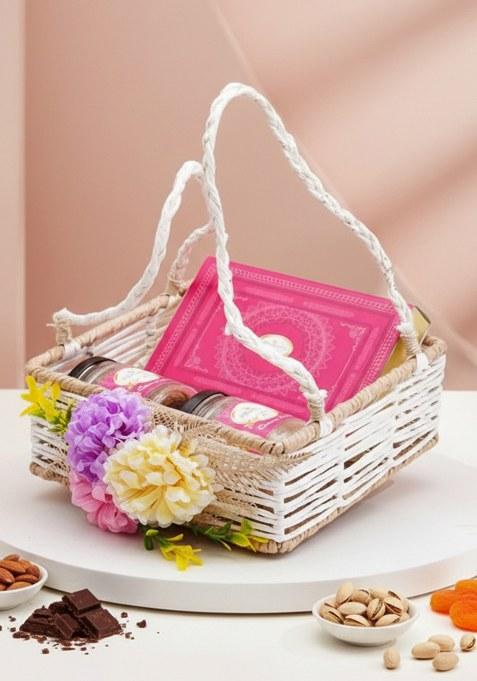 Ghasitaram Jute Square Flower Basket With Kaju Katli And 2 Jars Of Crunchy Cashews Paan...