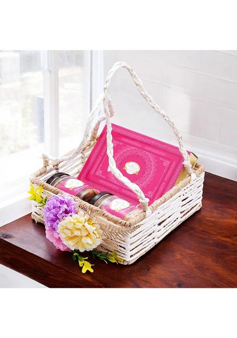 Ghasitaram Jute Square Flower Basket With Kaju Katli And 2 Jars Of Crunchy Cashews Paan...