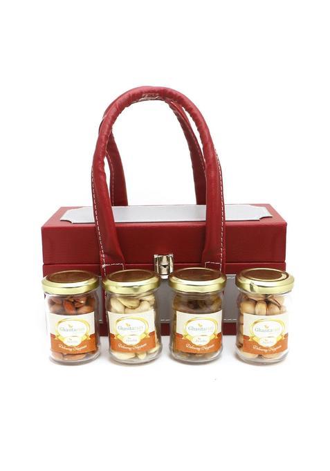 Ghasitaram Unique Diwali Gifts-Diwali Dryfruits-Apex Wooden Box Of 4 Dryfruits Jars