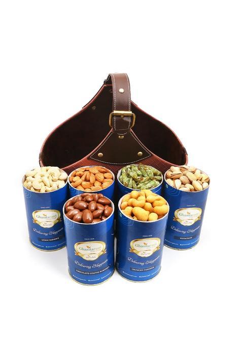 Ghasitaram Diwali Gifts-Leather Buckle Basket Big Of 6 Cans