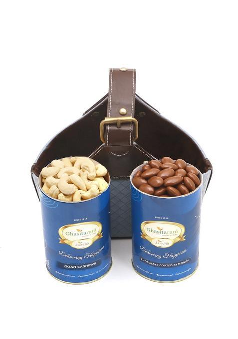 Ghasitaram Unique Diwali Gifts-Diwali Dryfruits-Leather Buckle Basket Small Of Cashews And Chocolate Almonds