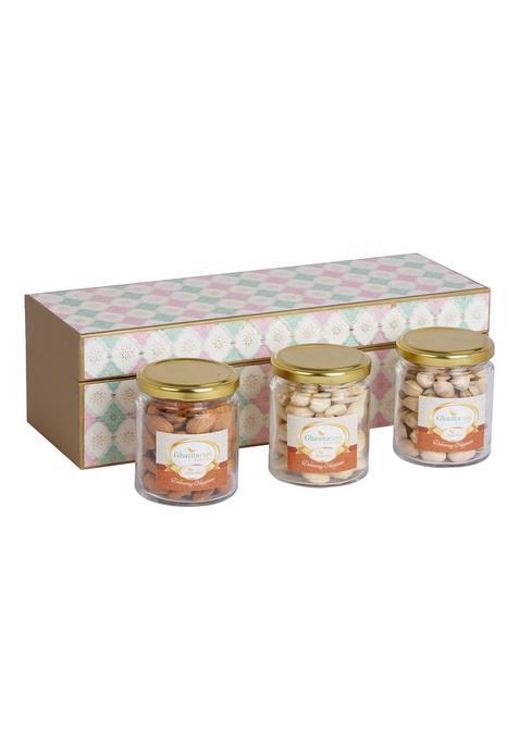 Ghasitaram Diwali Gift Hampers-Diwali Gifts-Printed Box 3 Jars Of Cashews, Almonds, Pistachios