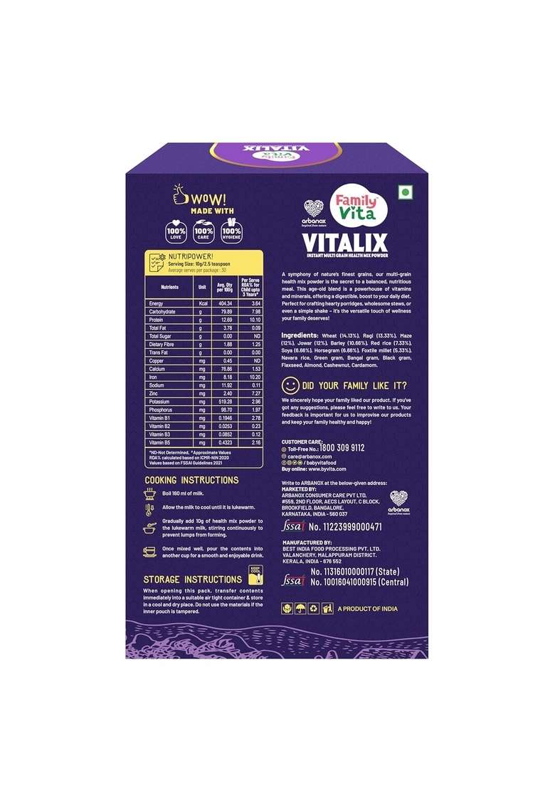 Babyvita Arbanox Family Vita Vitalix Instant Multi Grain Health Mix Powder|17 Powerful Wellness Ingredients| Trusted By Millions|100% Natural| No Preservatives Or Added Sugar| Convenient & Nutritious| 300Gm - Indya