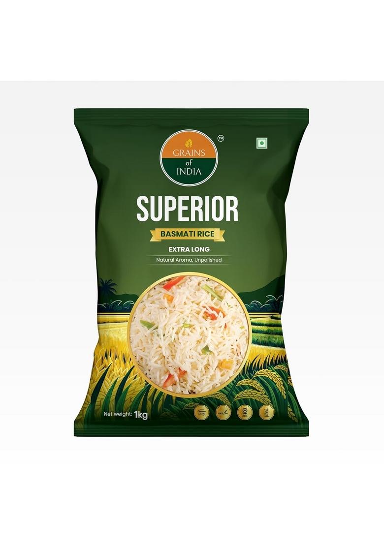 Grains Of India Superior Basmati Rice| 1Kg| Long Grain| Natural Aroma| Unpolished