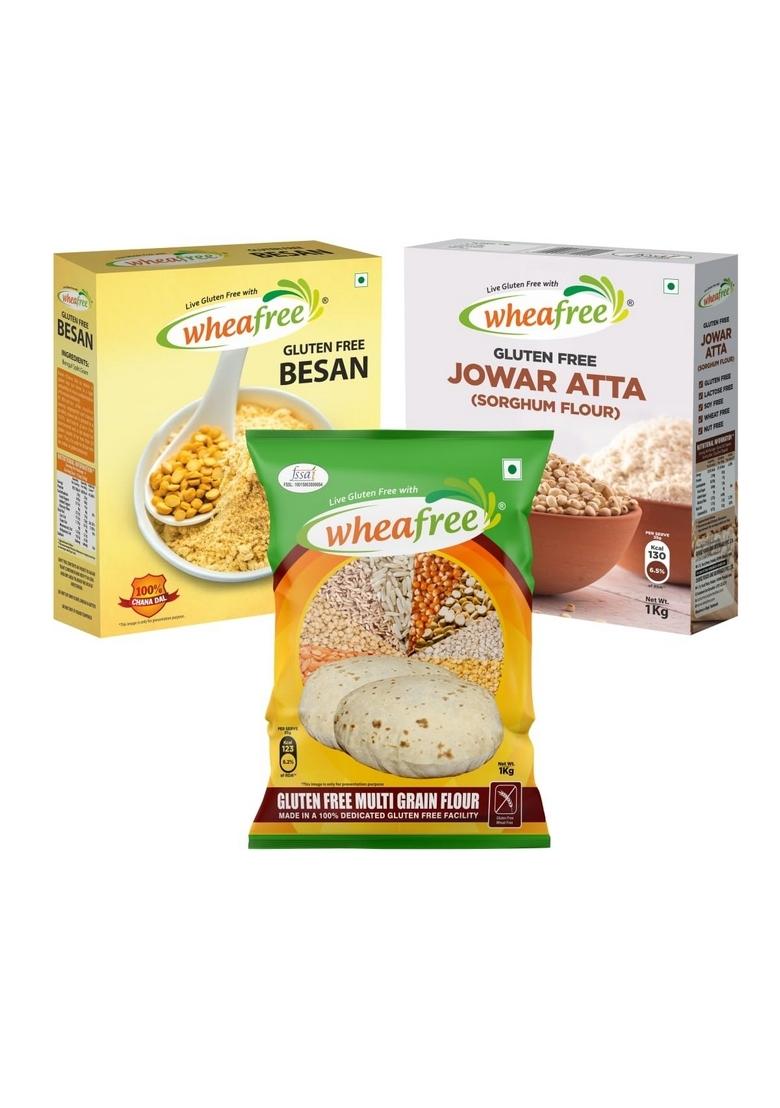 Wheafree Gluten Free Jowar Atta, Multigrain Flour & Besan Combo (1Kg Each) | Gluten-Free Lactose Soya Celiac-Friendly