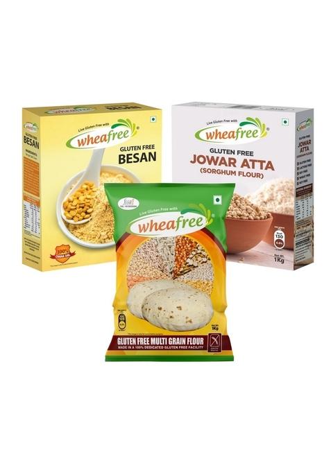Wheafree Gluten Free Jowar Atta, Multigrain Flour & Besan Combo (1Kg Each) | Gluten-Free Lactose Soya Celiac-Friendly