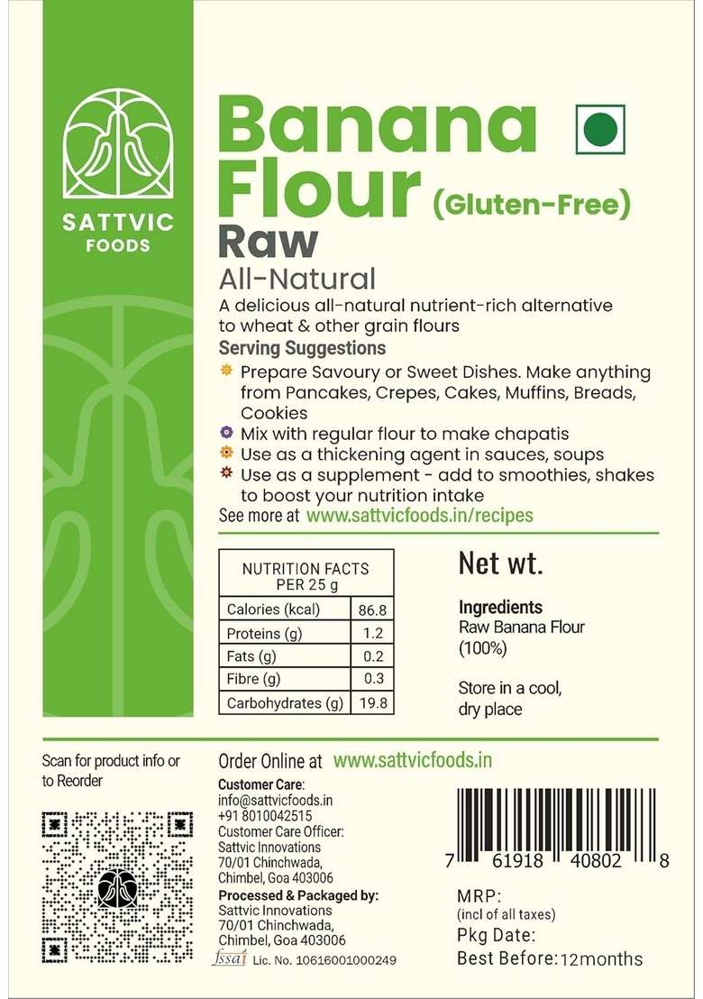 Sattvic Foods Raw Banana Flour (850 G) | 100% Natural, Gluten-Free, Keto & Vegan High In Resistant Starch, Maintains Cholesterol Blood Sugar Perfect For Baking, Thickening, Smoothies, Pancakes - Indya
