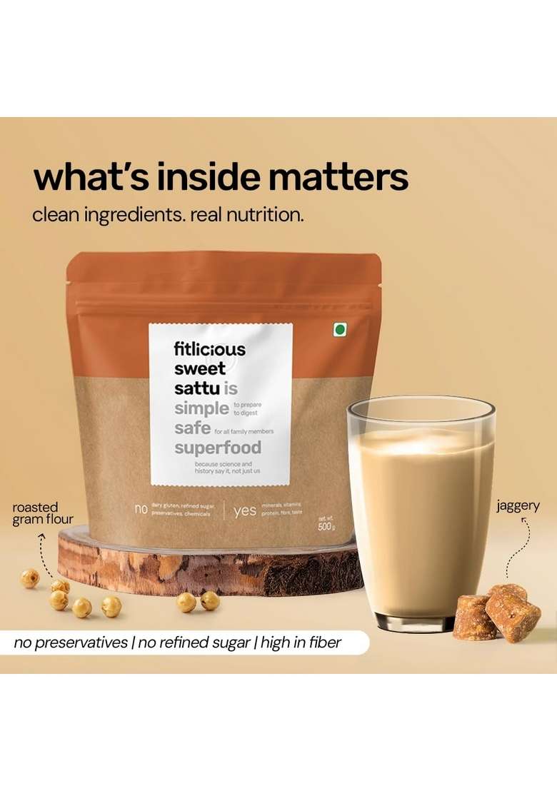 Fitlicious Sweet Sattu | Roasted Gram Atta Fiber-Rich 100% Natural & Organic Gluten Free Chana Powder Instant Summer Drink Bihari For All Gender Age Group - 500G Pack Of 1 - Indya