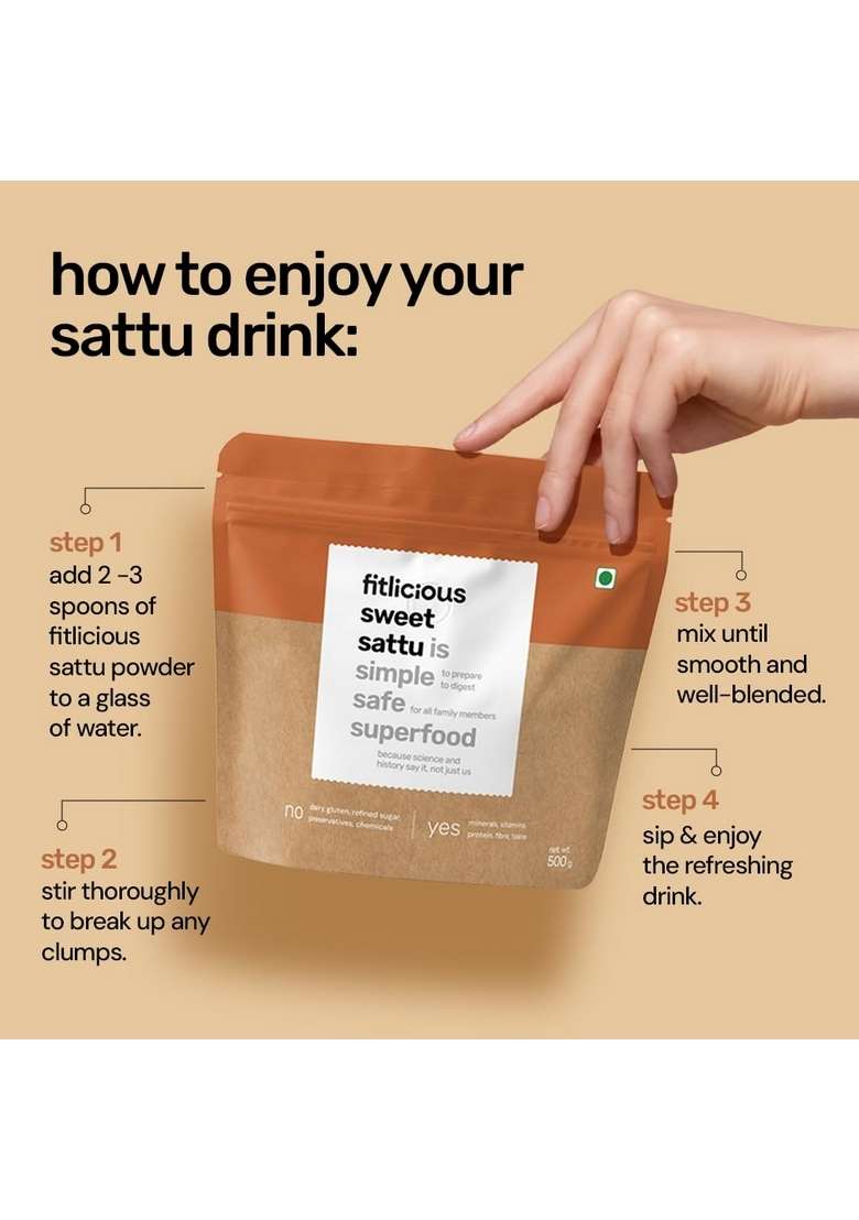 Fitlicious Sweet Sattu | Roasted Gram Atta Fiber-Rich 100% Natural & Organic Gluten Free Chana Powder Instant Summer Drink Bihari For All Gender Age Group - 500G Pack Of 1 - Indya