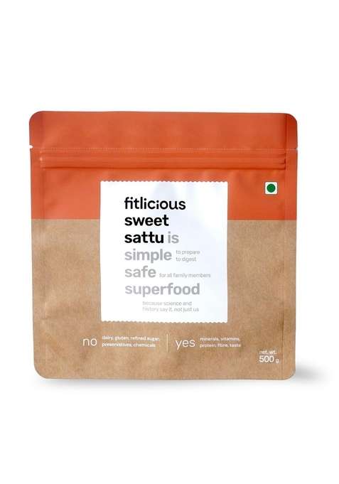 Fitlicious Sweet Sattu | Roasted Gram Atta Fiber-Rich 100% Natural & Organic Gluten Free Chana Powder Instant Summer Drink Bihari For All Gender Age Group - 500G Pack Of 1