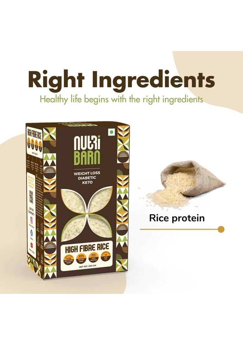 Nutribarn High Fibre Rice, 250 Gms, 1 Pack, 6.6G Net Carb & 11% Protein/Serving, Identical To Regular Low Carb, Pre-Biotic Fibre, Gi, Keto Diet, Weight Loss, Diabetic Friendly