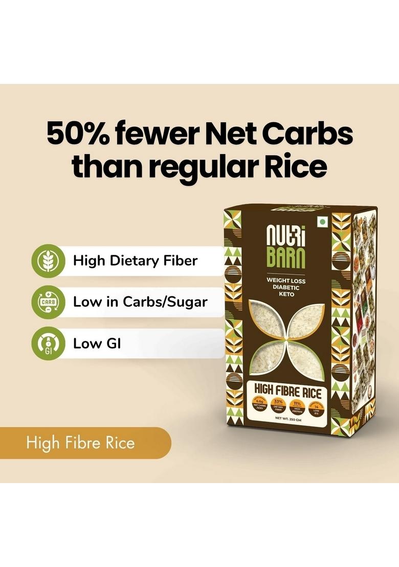 Nutribarn High Fibre Rice, 250 Gms, 1 Pack, 6.6G Net Carb & 11% Protein/Serving, Identical To Regular Low Carb, Pre-Biotic Fibre, Gi, Keto Diet, Weight Loss, Diabetic Friendly