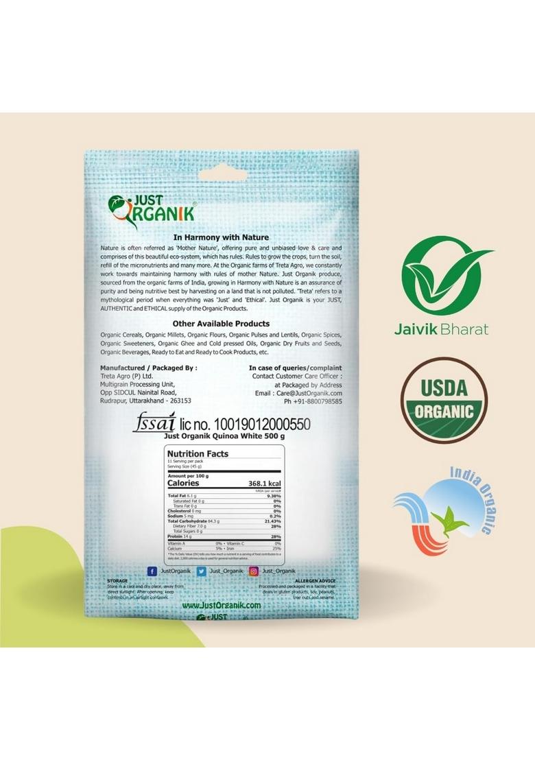 Just Organik White Quinoa 1Kg | 100% Organic Superfood Rice Complete Plant Protein With All Essential Amino Acids Gluten-Free, Fiber And Nutrient-Rich Supports Heart & Digestive Health