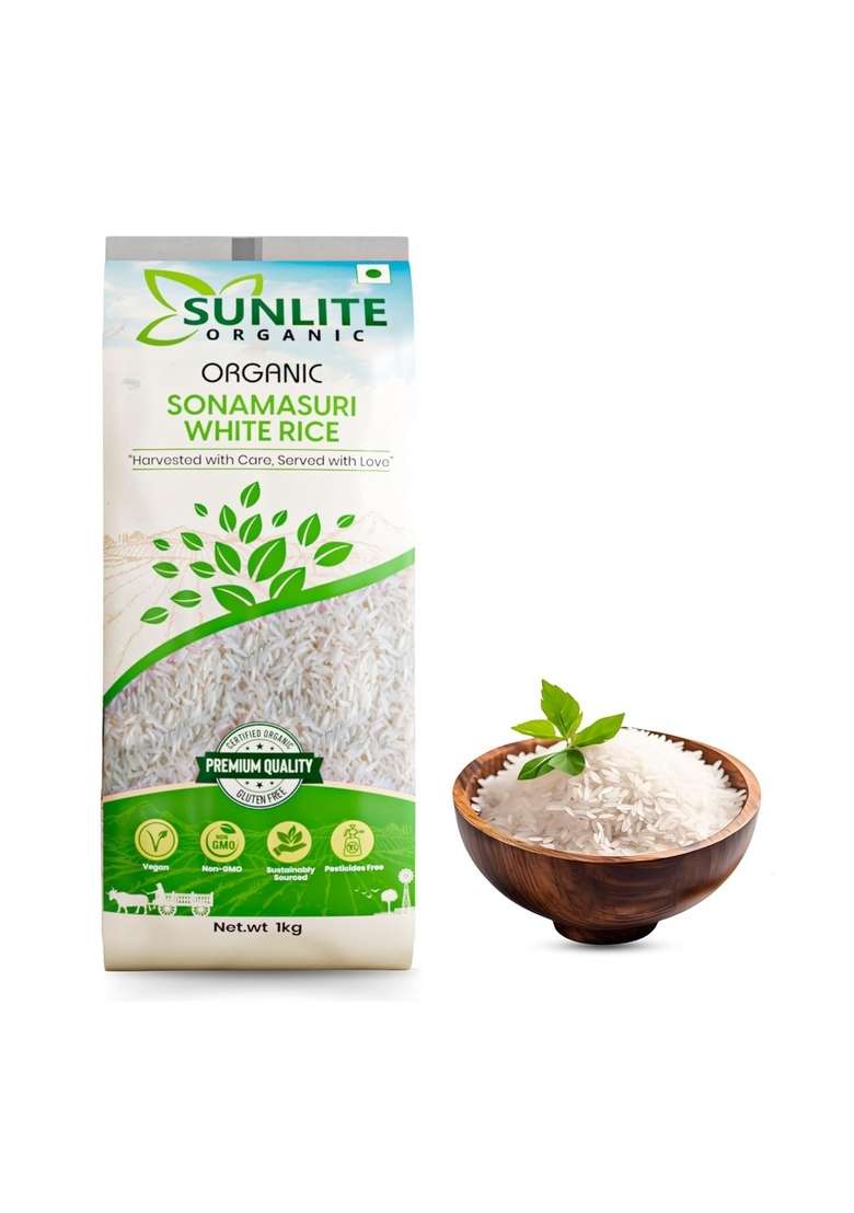 Sunlite Organic - Sonamasuri Raw Rice 1Kg I Natural Rich Source Of High Fiber & Nutrients Non-Gmo, Certified Rice/Chawal No Preservative, Gluten-Free Unpolished Low Gi (Pack 1) - Indya