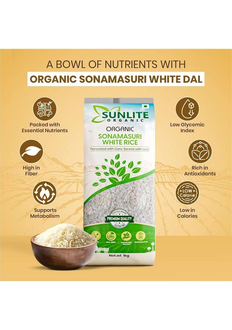 Sunlite Organic - Sonamasuri Raw Rice 1Kg I Natural Rich Source Of High Fiber & Nutrients Non-Gmo, Certified Rice/Chawal No Preservative, Gluten-Free Unpolished Low Gi (Pack 1) - Indya