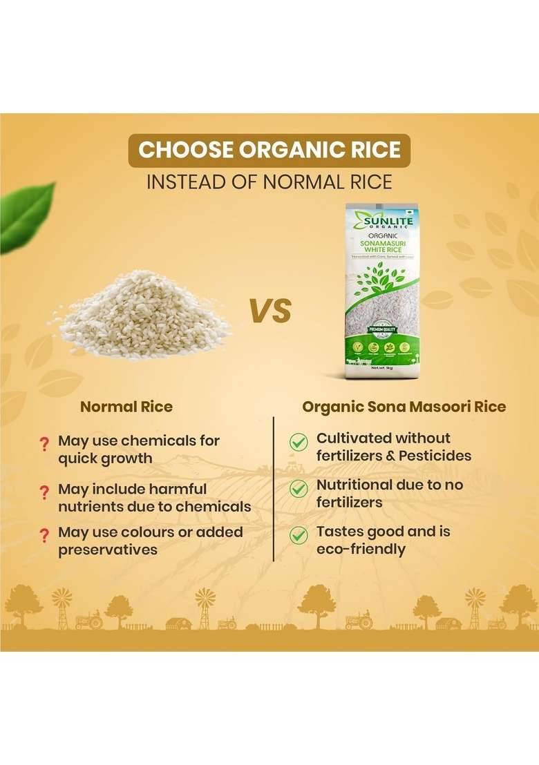 Sunlite Organic - Sonamasuri Raw Rice 1Kg I Natural Rich Source Of High Fiber & Nutrients Non-Gmo, Certified Rice/Chawal No Preservative, Gluten-Free Unpolished Low Gi (Pack 1) - Indya