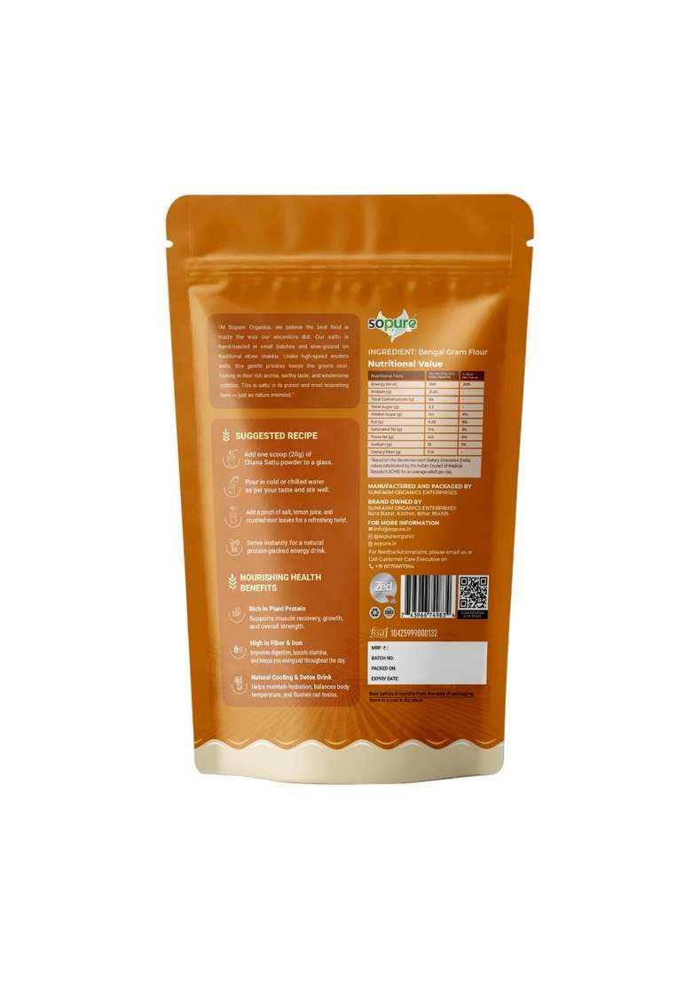 Sopure Organics Stone–Grinded Sattu Atta | Traditional Slow Ground Flour Improves Digestion, Rich In Fiber, Nutrients & Protein Natural, Healthy Gluten Free Chana (500 Gm (Pack Of 1)) - Indya