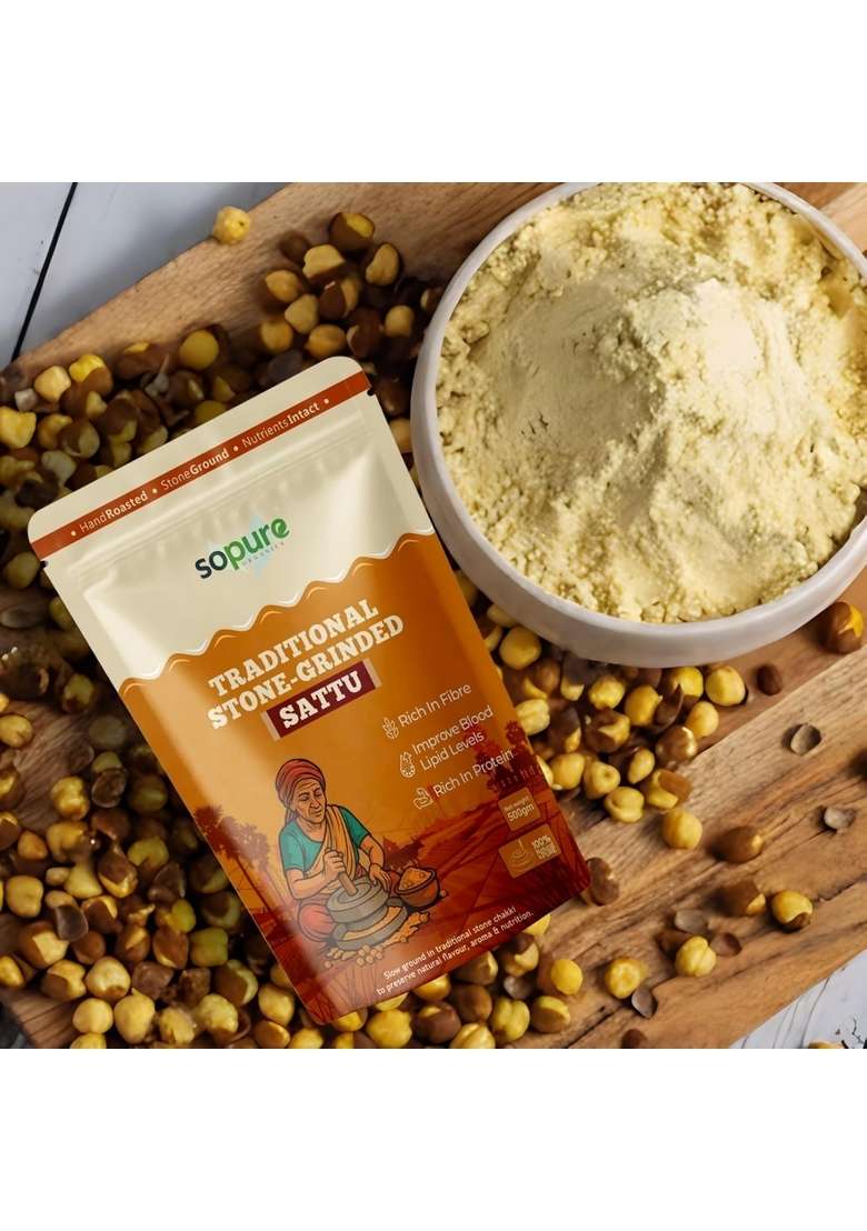 Sopure Organics Stone–Grinded Sattu Atta | Traditional Slow Ground Flour Improves Digestion, Rich In Fiber, Nutrients & Protein Natural, Healthy Gluten Free Chana (500 Gm (Pack Of 1)) - Indya