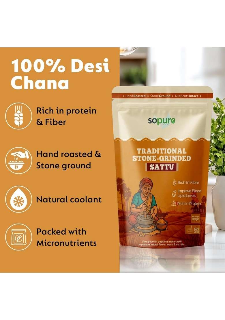 Sopure Organics Stone–Grinded Sattu Atta | Traditional Slow Ground Flour Improves Digestion, Rich In Fiber, Nutrients & Protein Natural, Healthy Gluten Free Chana (500 Gm (Pack Of 1)) - Indya