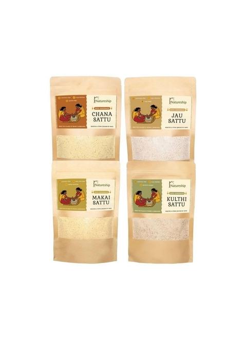 Natureship Sattu Combo Of Chana, Jau, Makai And Kulthi – Handmade Indian Superfood | Roasted Stone-Ground By Hand (45–60 Rotations/Hour) High Protein Gluten Free Perfect For Healthy Drinks, Parathas & Snacks From Bihar Jharkhand (250G Each)