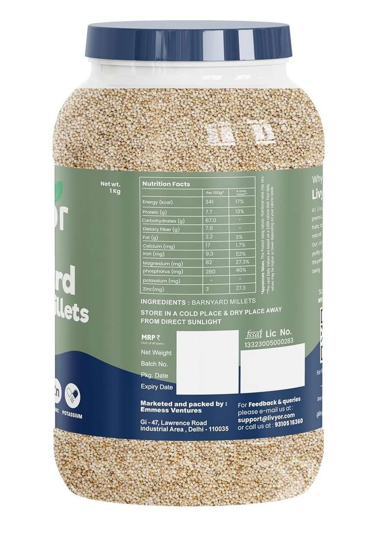Livyor Barnyard Millets For Eating - 1Kg | Cooks In 15-20 Minutes Rich Protein And Minerals Rice Replacement High Fibre Unpolished Gluten Free Ideal Fasting Sanwa/Bhagar/Kuthiraivally/Udalu Pack Of 1 - Indya