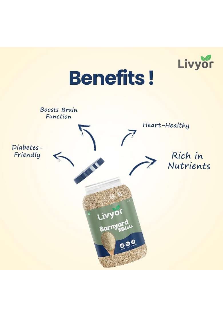 Livyor Barnyard Millets For Eating - 1Kg | Cooks In 15-20 Minutes Rich Protein And Minerals Rice Replacement High Fibre Unpolished Gluten Free Ideal Fasting Sanwa/Bhagar/Kuthiraivally/Udalu Pack Of 1 - Indya
