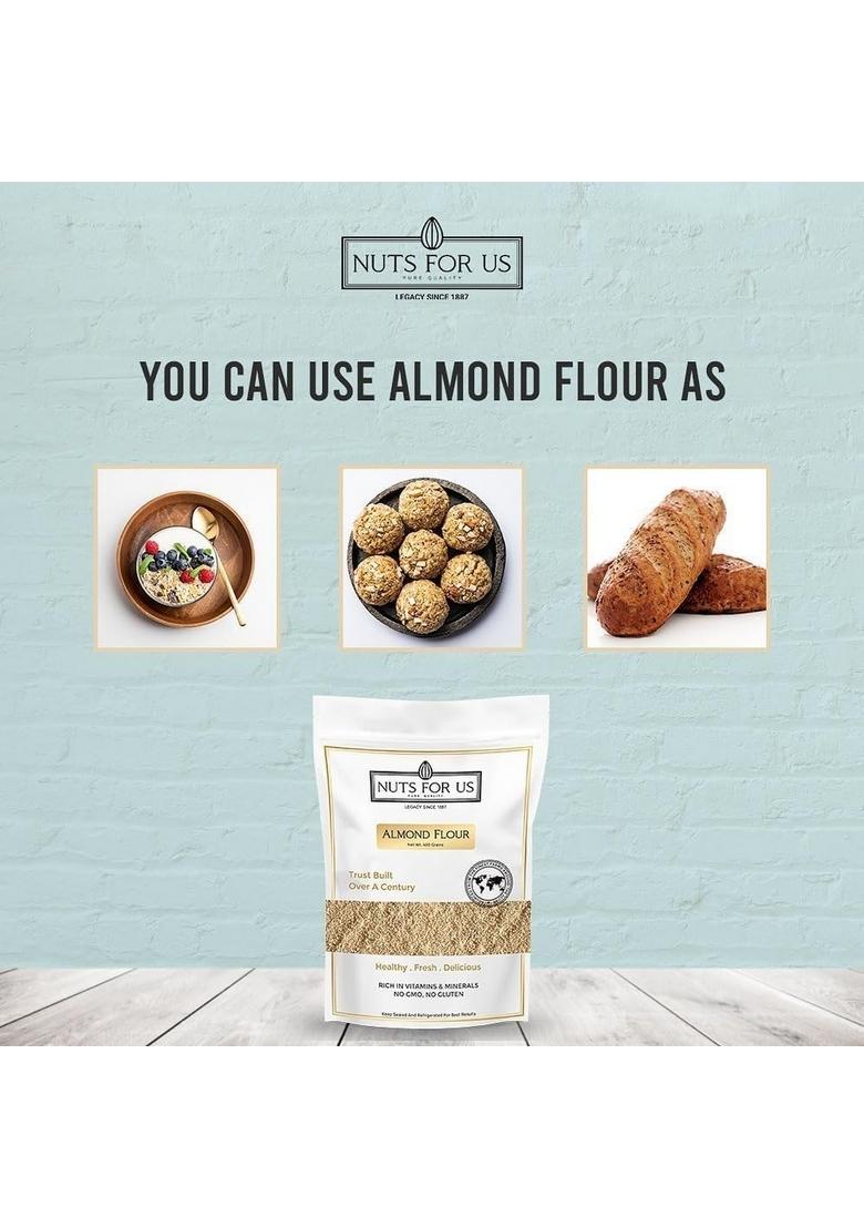 Nuts For Us Natural Almond Flour (400Gms) | Un-Blanched Skin-Free, Smooth & Naturally Nutritious High In Protein Vitamin E Ideal Baking Breads Cakes, Keto Diets Guilt-Free Snacking
