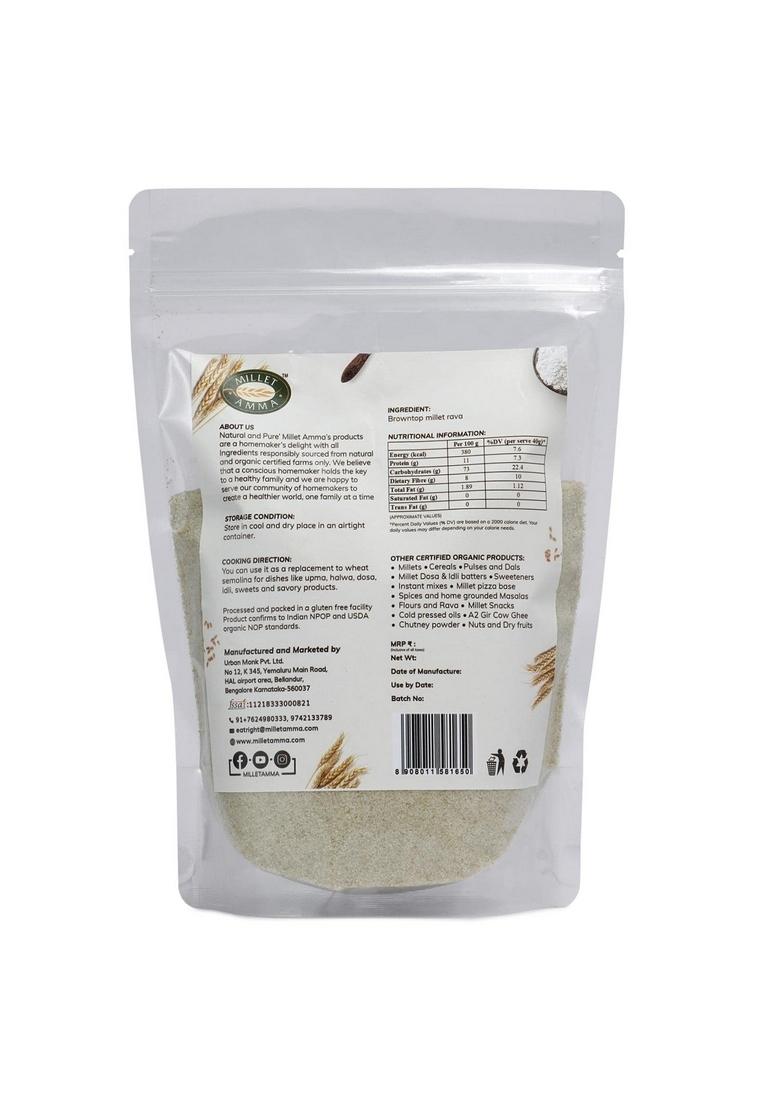 Millet Amma Certified Organic Unpolished Browntop Rava 1 Kg Pack | Suitable For Multiple Recipes (Upma, Khichdi) Rich In Protein, Gluten Free