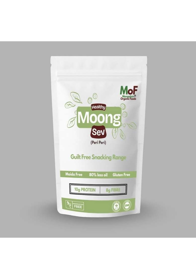 Mof Mangalam Organic Foods Healthy Airfried Moong Sev, Peri Flavored, Gluten Free, High Protein Snack, 80% Less Oil, Maida (200Gm) - Indya