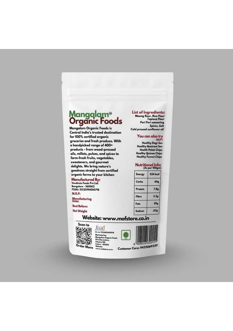 Mof Mangalam Organic Foods Healthy Airfried Moong Sev, Peri Flavored, Gluten Free, High Protein Snack, 80% Less Oil, Maida (200Gm) - Indya