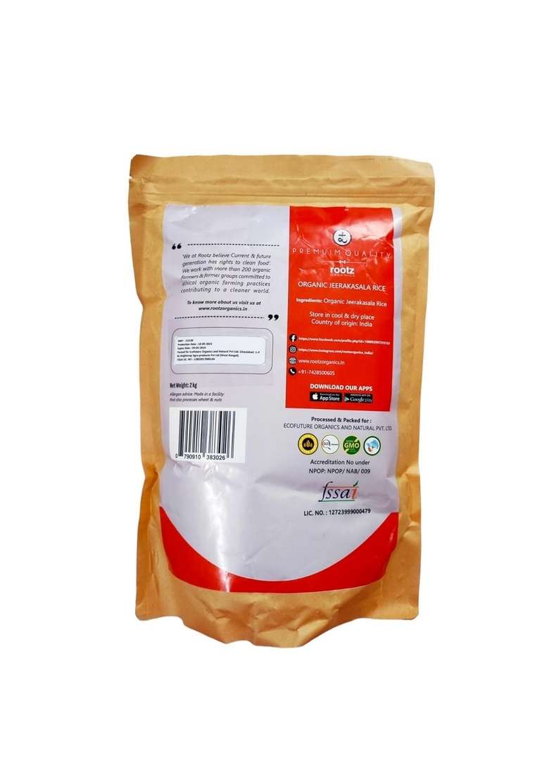 Rootz Organics Jeerakasala Rice 900G | Perfect For Biryani & Ghee Short Grain Grown In The Paddy Fields Of West Bengal Organically Non Gmo Export Quality - Indya