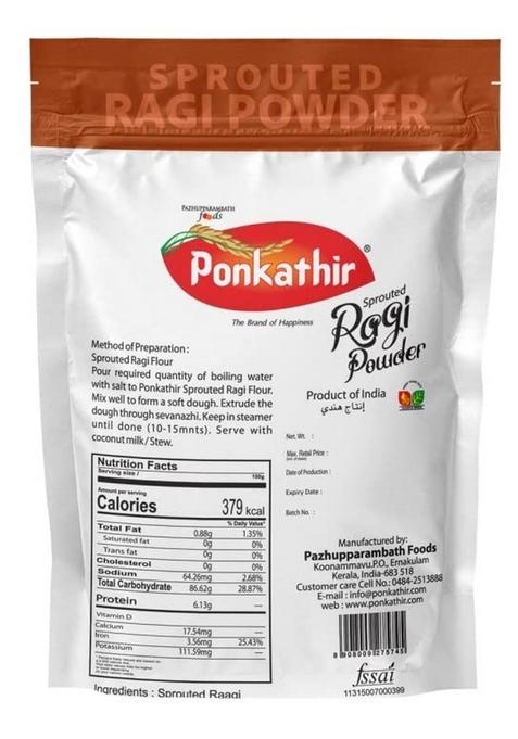 Ponkathir Sprouted Ragi Powder 400 Grams | 100% Natural Finger Millet Flour Kelvaragu Rich In Calcium & Protein Gramsx1Pkt