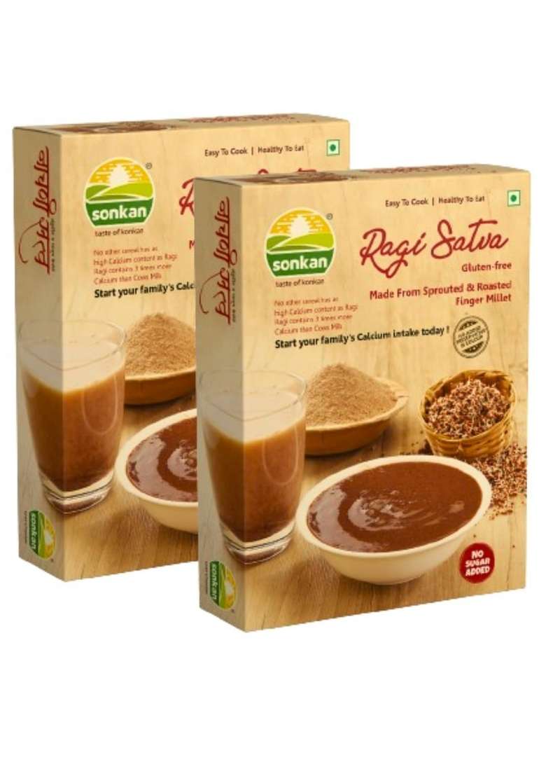Sonkan - Ragi Satva | Porridge Mix Certified Organic, No Sugar, Salt, Milk, Chemicals Or Pesticides 100% Natural Fibre, Protein & Iron Rich Flour/Naachni Flour, 500G (2 X 250G) - Indya