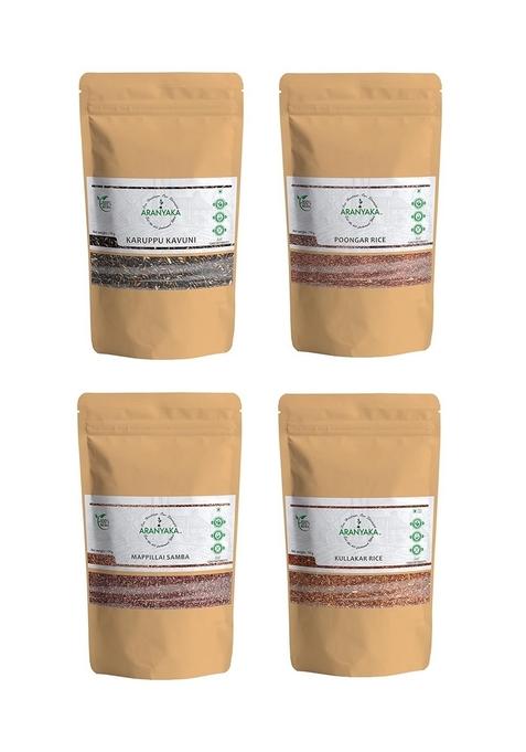 Aranyaka Nutrients Dense Combo Of 4 | Karuppu Kavuni Boiled, Mappillai Samba, Poongar Boiled And Kullakar Rice 1 Kg Each Black Red Diabetic Friendly Medium Grain, Unpolished (4Kg In Total)|