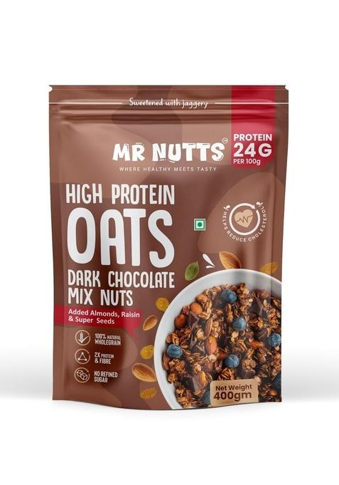Mr Nutts - "Where Healthy Meets Tasty" High Protein Oats Dark Chocolate Mix Nuts | 24G Per 100G Added Almonds, Raisins & Super Seeds Sweetened With Jaggery Tasty And 400G