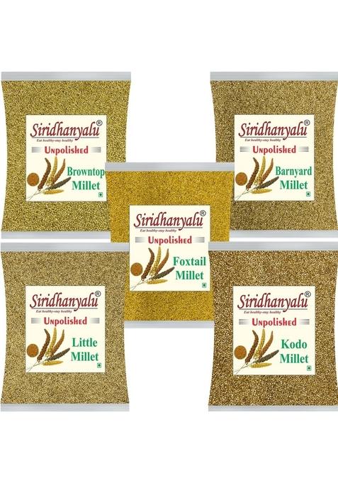 Siridhanyalu Millets Rice Organic Unpolished Millet Combo Pack 5 Kg (Gwt.) [Kodo, Little, Foxtail, Browntop, Barnyard Each 920 Grm] Organically Grown From Karnataka New Tech Rock-Hard Vacuumed