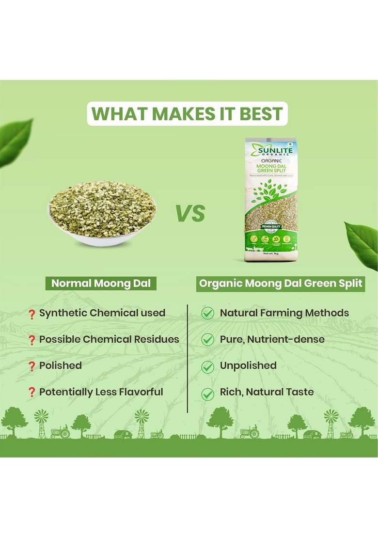 Sunlite Organic Green Moong Dal Split 1Kg I Unpolished Chhilka 100% Vegan Gluten Free No Additives Non-Gmo, Pesticide (Pack Of 1) - Indya
