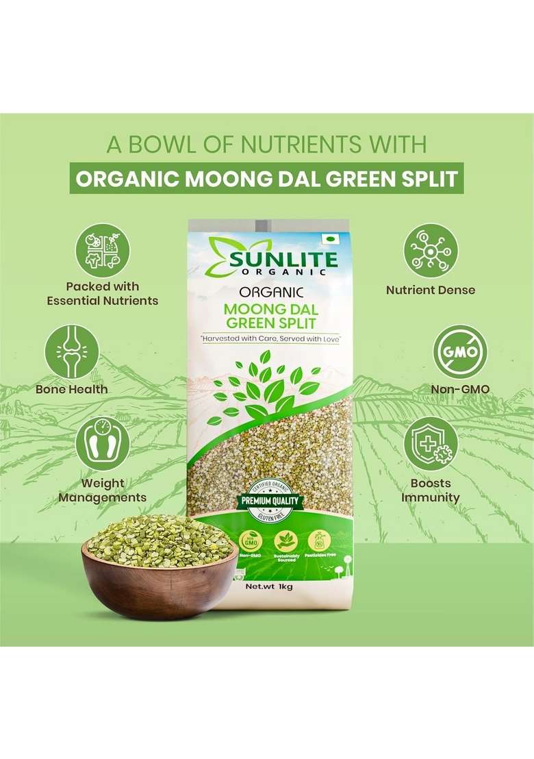 Sunlite Organic Green Moong Dal Split 1Kg I Unpolished Chhilka 100% Vegan Gluten Free No Additives Non-Gmo, Pesticide (Pack Of 1) - Indya