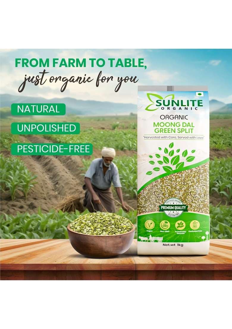 Sunlite Organic Green Moong Dal Split 1Kg I Unpolished Chhilka 100% Vegan Gluten Free No Additives Non-Gmo, Pesticide (Pack Of 1) - Indya